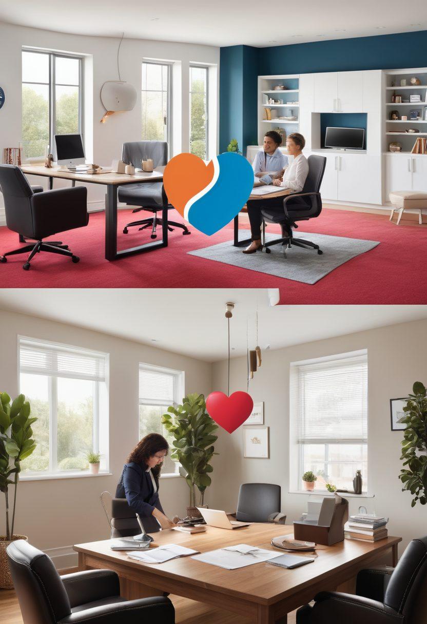 A split image depicting two worlds: on one side, a cozy home with family moments, surrounded by symbols of personal insurance like a heart and a house; on the other side, a bustling business environment featuring a thriving office and symbols of business insurance like a briefcase and a shield. The transition between the two worlds should be seamless, symbolizing the connection between personal care and business protection. vibrant colors. vector art.
