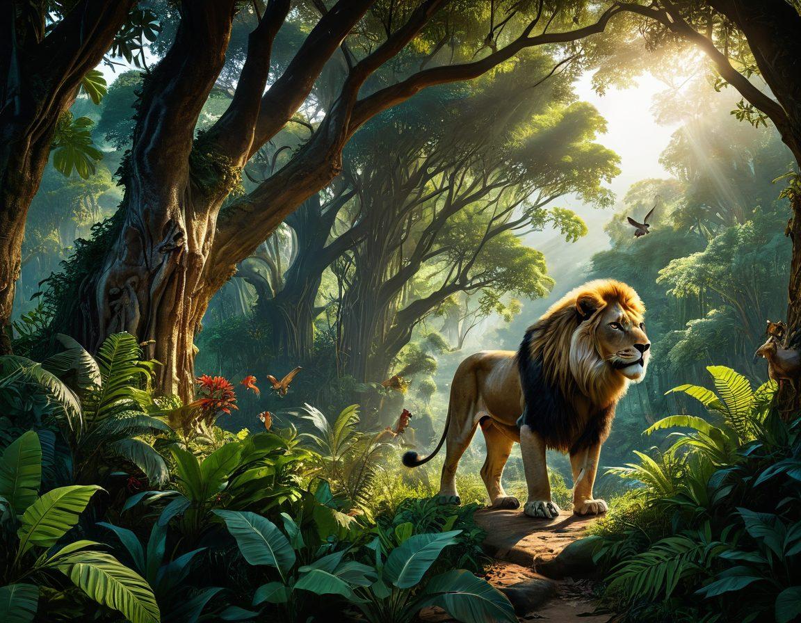 A lush, dense jungle filled with various types of insurance symbols like health, auto, and home represented as vibrant wild animals (e.g., a lion for health, an eagle for auto). In the foreground, a diverse group of people confidently navigating through the jungle, with expressions of determination and empowerment. Sunlight streams through the trees, illuminating their path and casting warm, inviting shadows. The atmosphere conveys both adventure and security. super-realistic. vibrant colors. 3D.